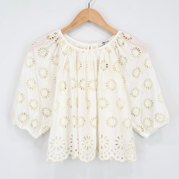 NWT Madewell Embroidered Shirred Puff-Sleeve Top In Floral Eyelet Ivory Size XXS - Picture 3 of 10